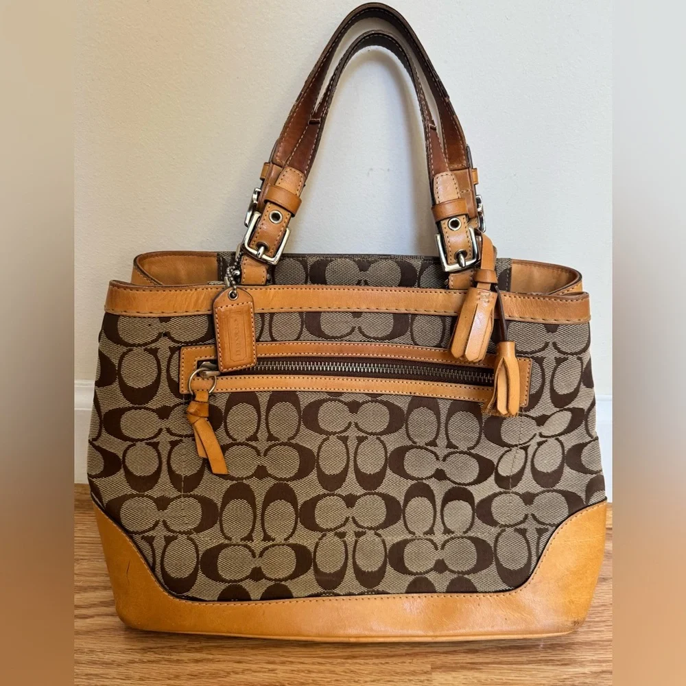 Coach Brown Signature Canvas Tote with Tan Leather Trim - Picture 2 of 16